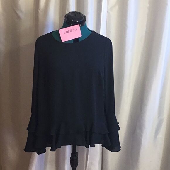 ANA semi sheer black blouse with ruffled button & sleeves in size L NWOT - Picture 2 of 10